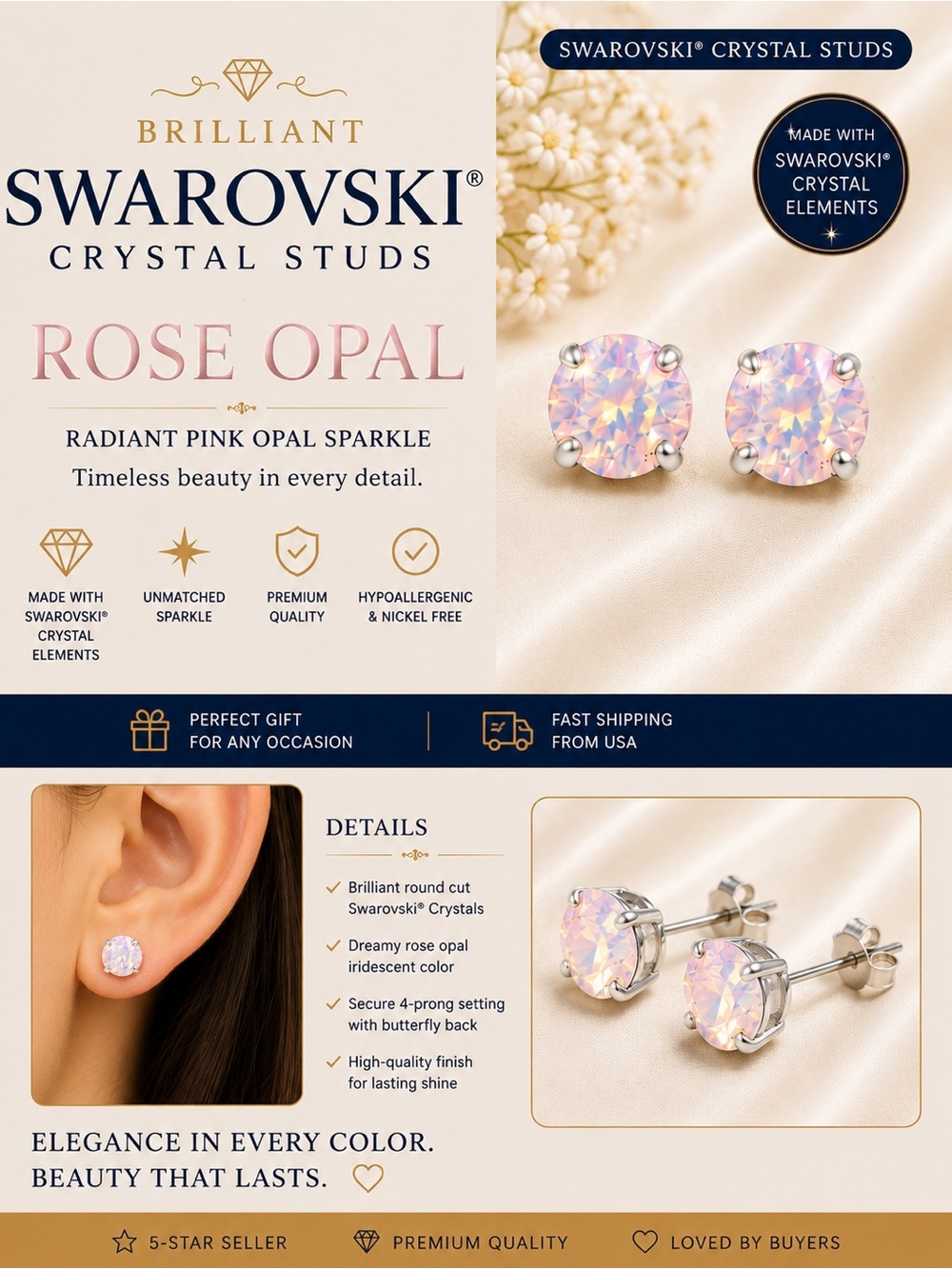 Rose Opal Crystal Stud Earrings - Radiant Pink Opal